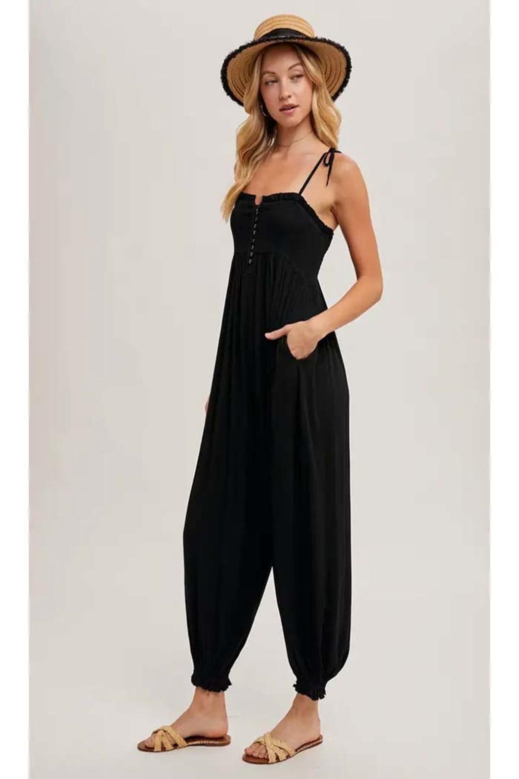 Gauze Smocked Button Front Shoulder Tie Jumpsuit Product Image