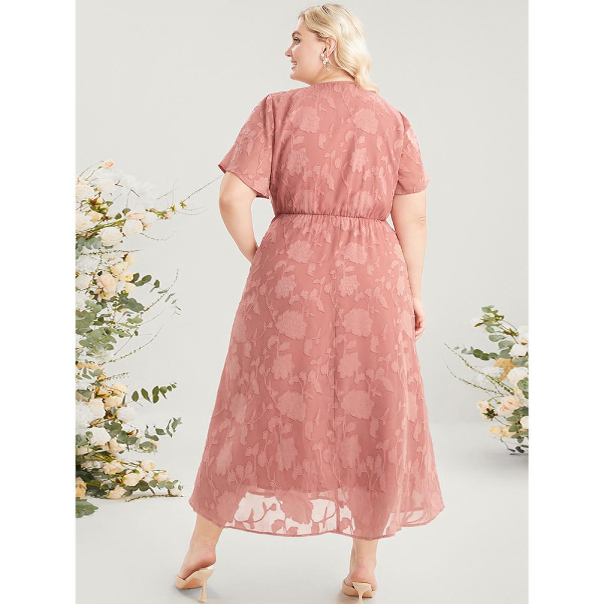 Plus Size Plain Surplice Neck Split Mesh Pocket Ruffles Dress Rouge Women Elegant See through Overlap Collar Short sleeve Curvy Long Dress BloomChic 26/4X Product Image