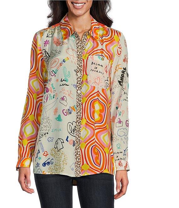 John Mark Woven Novelty Mix Print Point Collar Long Roll-Tab Sleeve Button-Front Tunic Product Image
