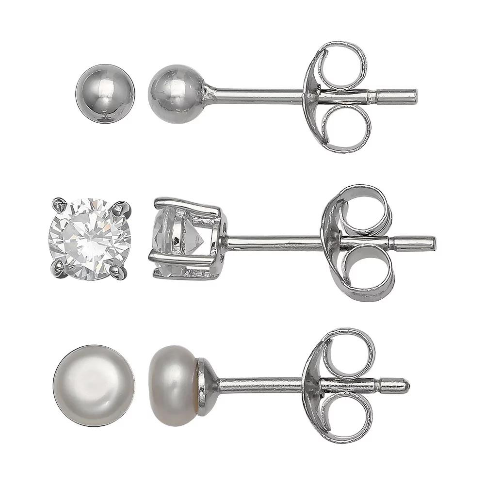 PRIMROSE Sterling Silver Freshwater Cultured Pearl & Cubic Zirconia Stud Earring Set, Women's Product Image