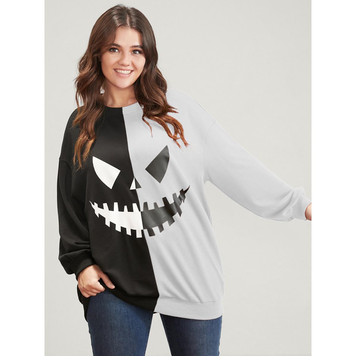 Plus Size Halloween Contrast Drop Shoulder Sweatshirt Women WhiteSmoke Party Contrast Round Neck Festival-Halloween Sweatshirts BloomChic 14-16/1X Product Image