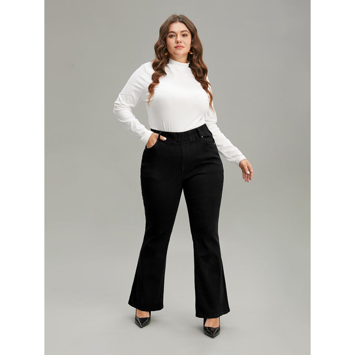 Plus Size Black Wash Pocket Flare Leg Jeans Women Black Casual Plain Plain High stretch Pocket Jeans BloomChic 22/3X Product Image