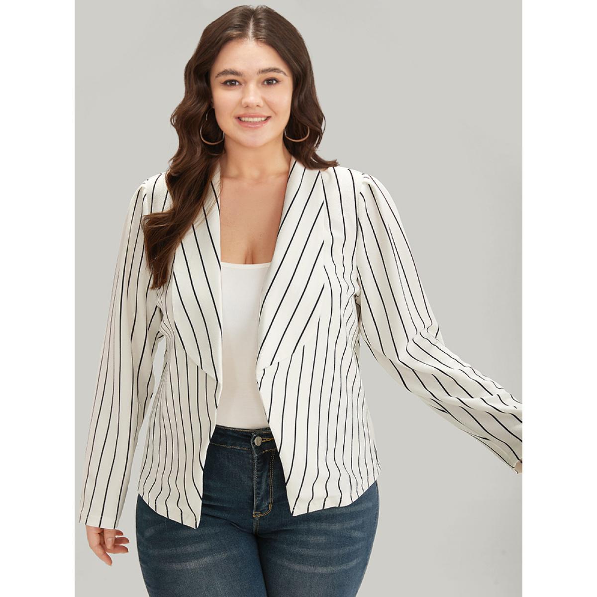 Plus Size Striped Lapel Collar Open Front Blazer White Women Office Striped Asymmetrical Sleeve Long Sleeve Lapel Collar 18-20/2X At the Office Blazers BloomChic Product Image