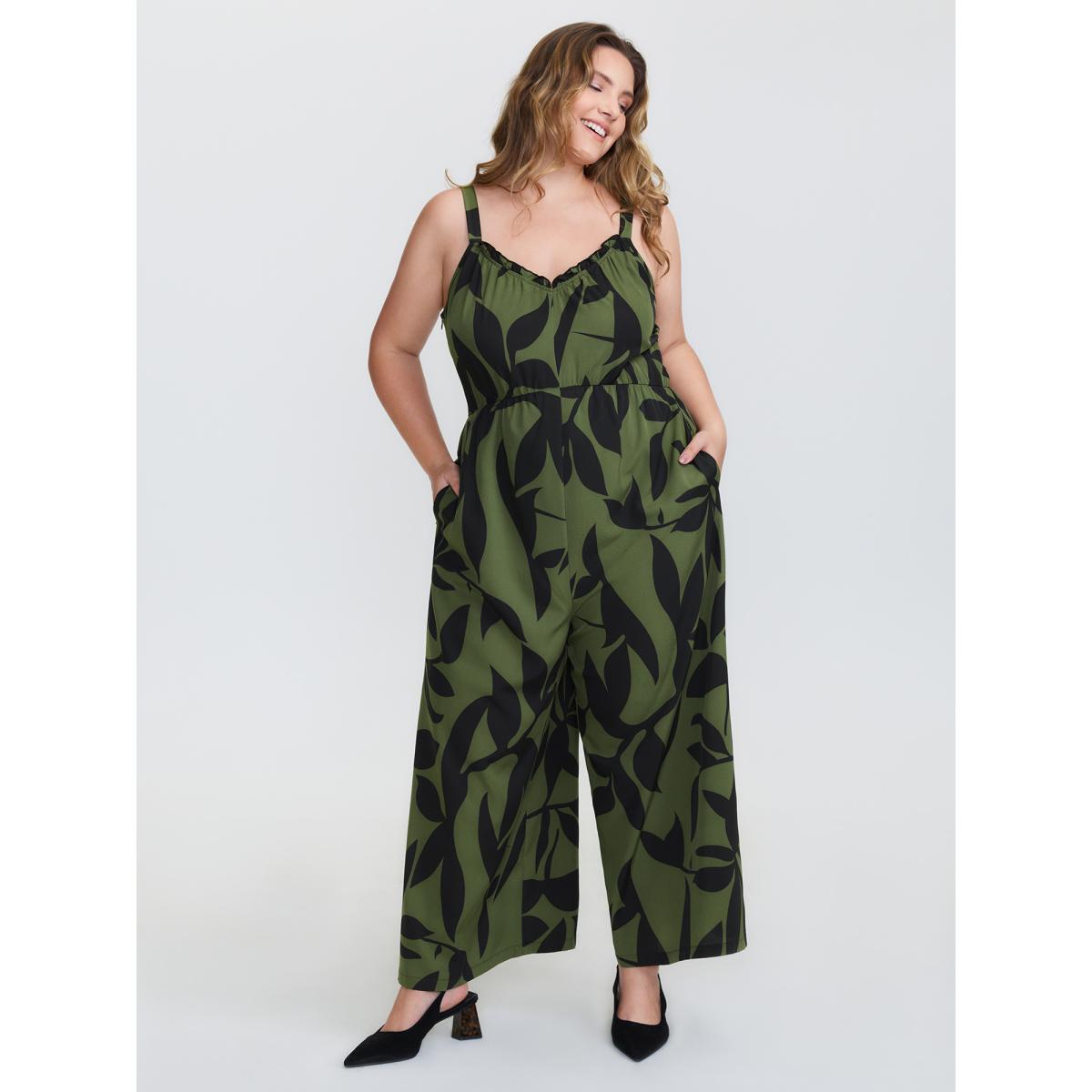 Plus Size ArmyGreen Silhouette Floral Print Sweetheart Jumpsuit Women Resort Sleeveless V-neck Vacation Loose Jumpsuits BloomChic 30/6X Product Image