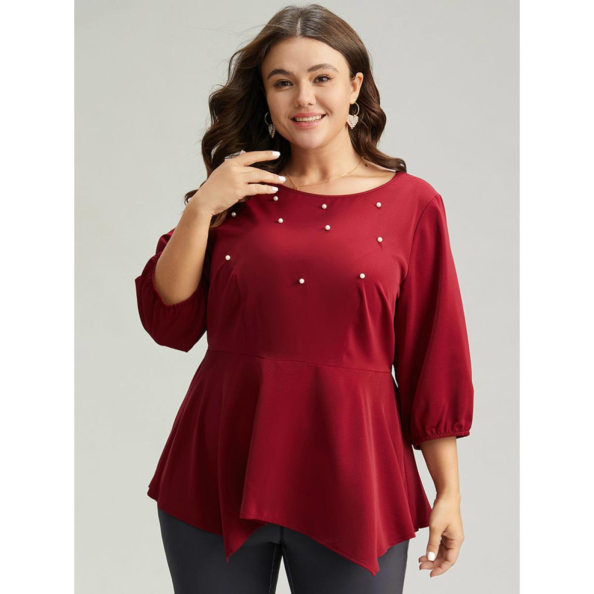 Plus Size Burgundy Plain Pearl Beaded Gathered Hanky Hem Blouse Women Glamour Elbow-length sleeve Round Neck Festival-Christmas Blouses BloomChic 30/6X Product Image