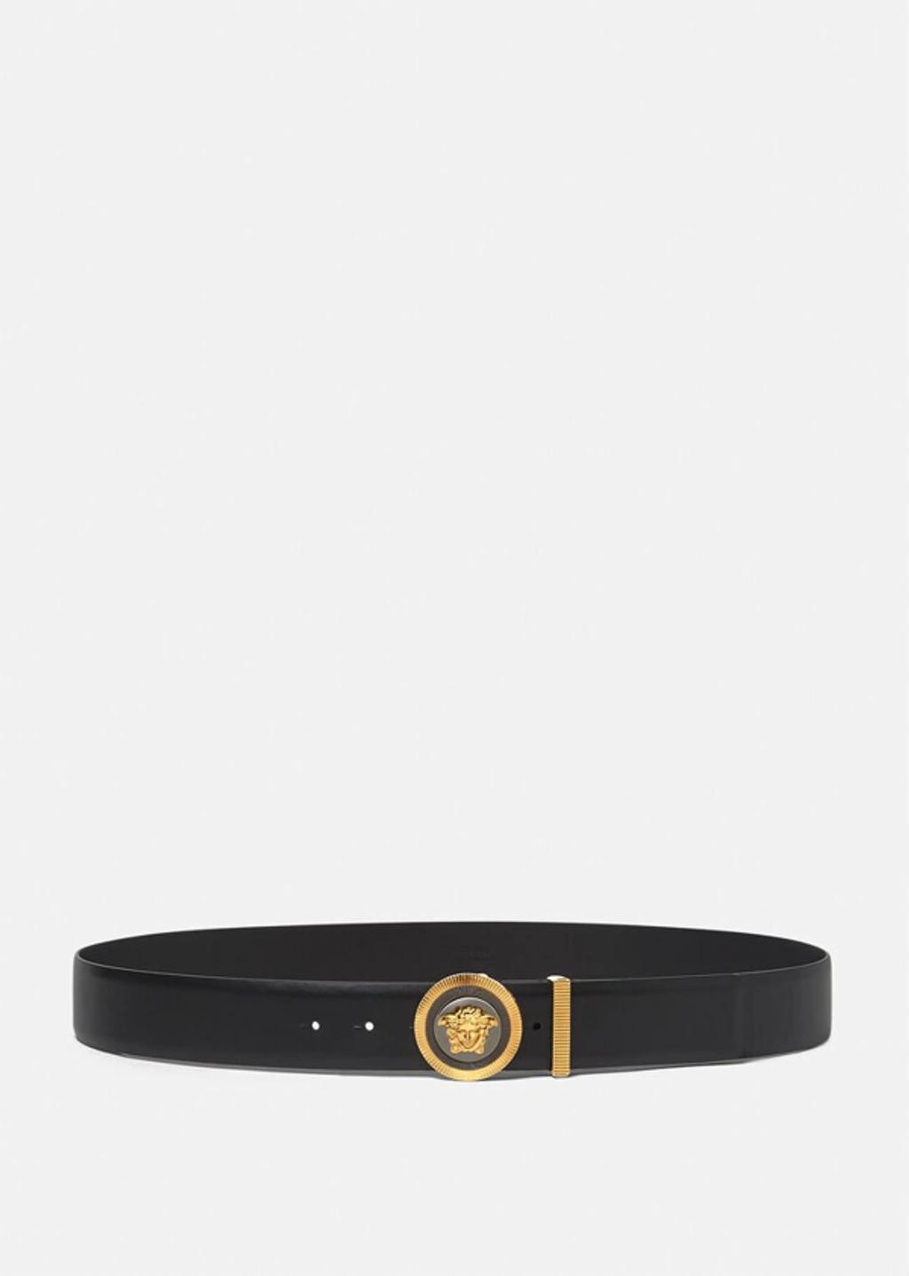 VERSACE Medusa Streamlined Leather Belt With Adjustable Length And Gold-tone Buckle In Black Product Image