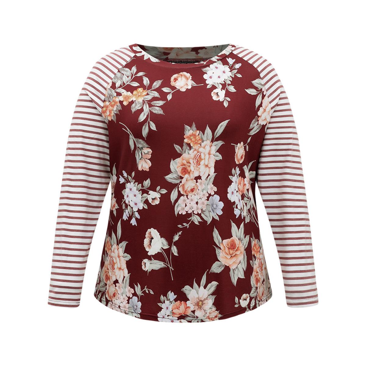 Plus Size Striped Patchwork Floral Print T-shirt Burgundy Women Elegant Contrast Striped Round Neck Dailywear T-shirts BloomChic 10/M Product Image