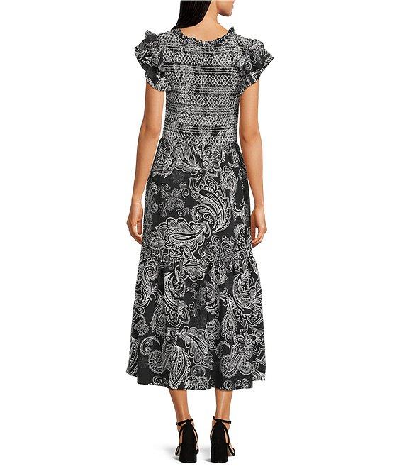 Calessa Abstract Paisley Scoop Neck Ruffle Cap Sleeve Midi Dress Product Image