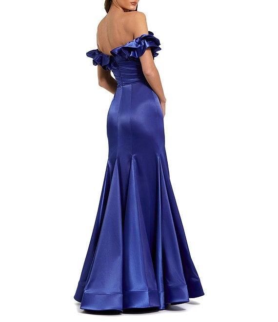 Mac Duggal Satin Off The Shoulder Ruffle 3D Flower Flutter Sleeve Pleated Mermaid Gown Product Image