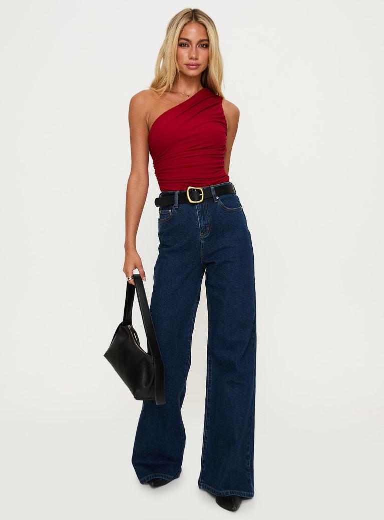 Heston Asymmetrical Ruched Bodysuit Red Product Image