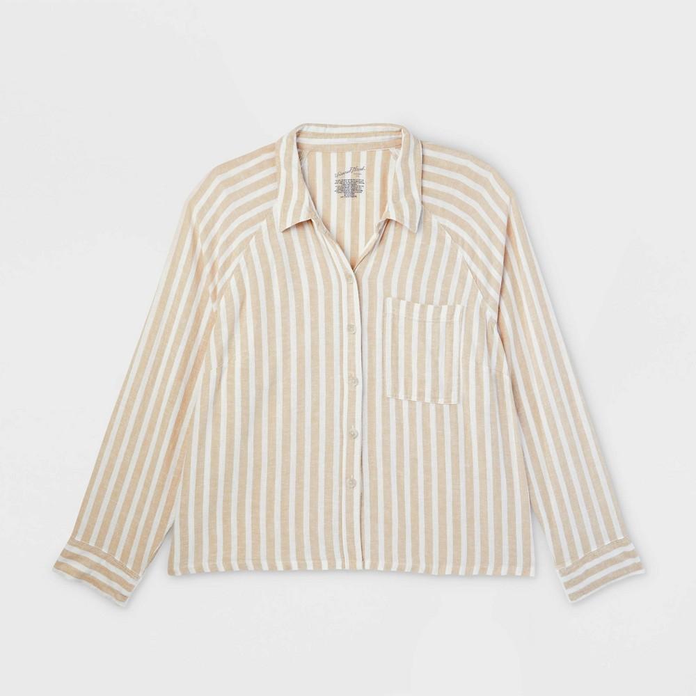 Women's Long Sleeve Adaptive Button-Down Shirt - Universal Thread™ Tan Striped XXL: Linen Canvas, Relaxed Fit Product Image