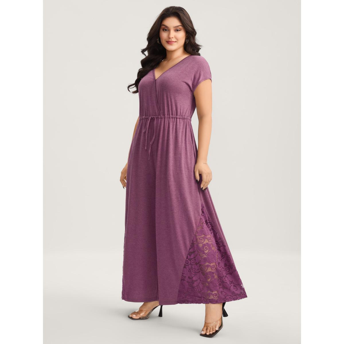 Plus Size Plum Very Stretchy Lace Waist-Tie Jumpsuit Women Cap Sleeve V-neck Vacation Loose Jumpsuits BloomChic 22-24/3X Product Image