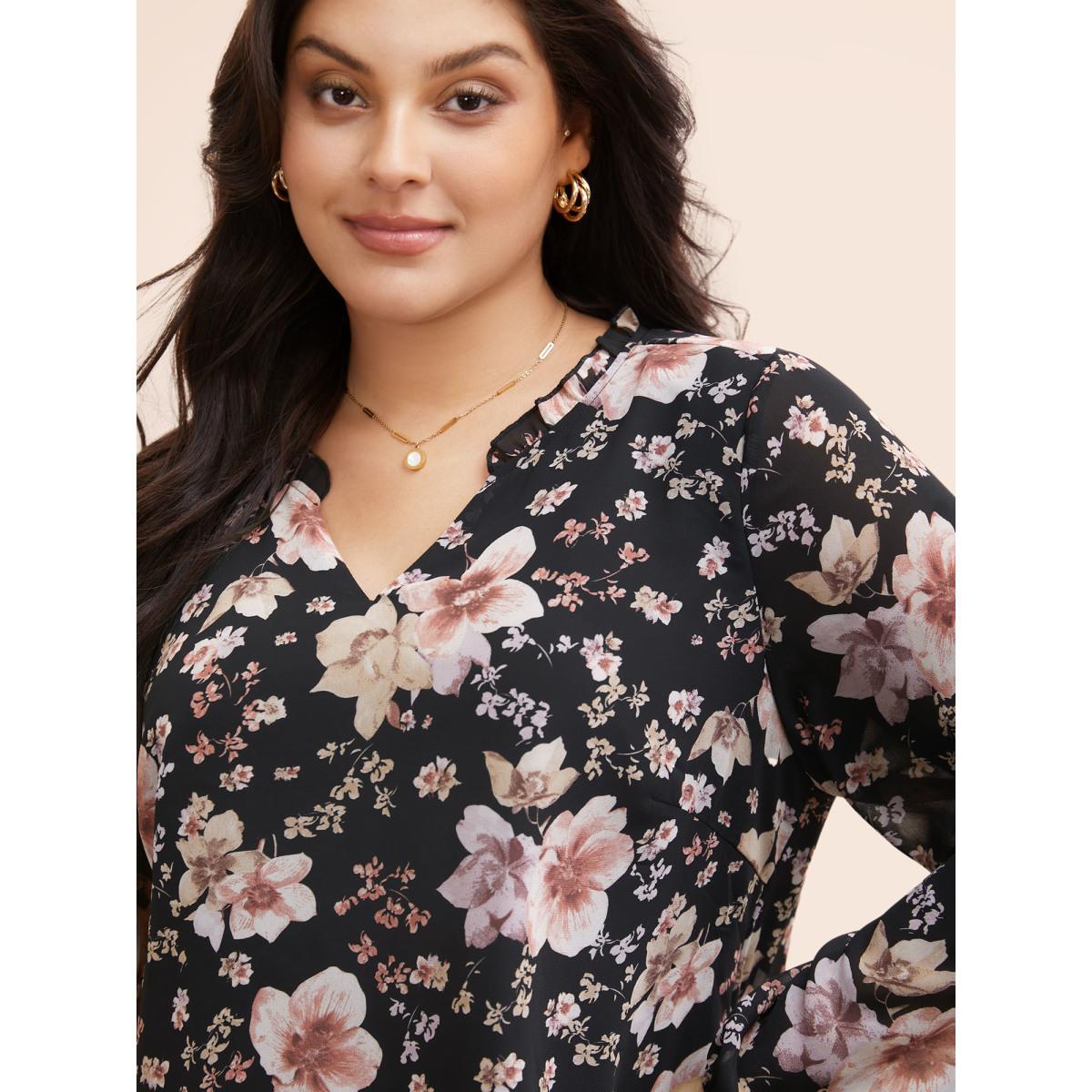Plus Size Black Chiffon Floral Notched Ruffle Trim Blouse Women Elegant Long Sleeve Notched collar Everyday Blouses BloomChic 30/6X Product Image