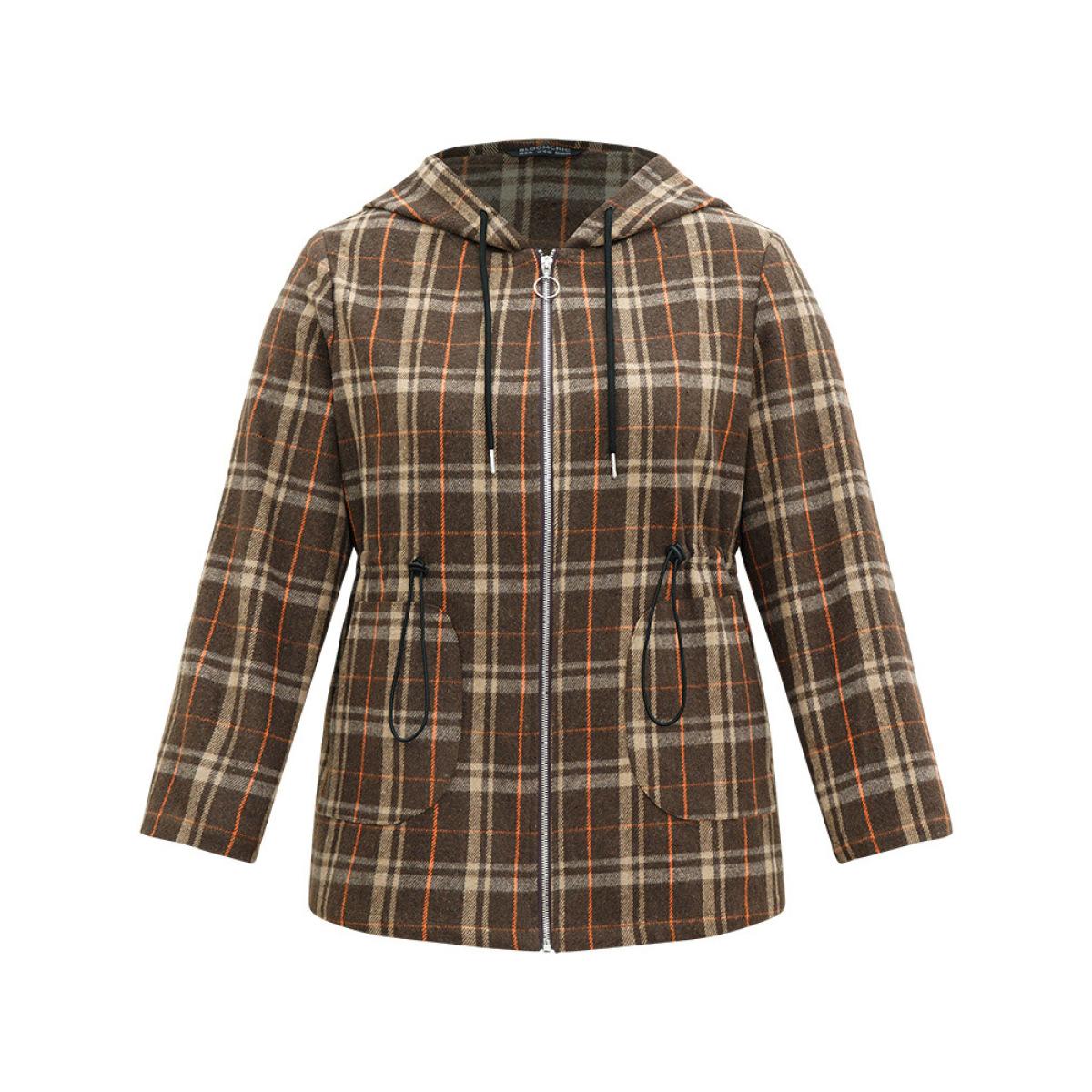 Plus Size Plaid Drawstring Slant Pocket Coat Women DarkBrown Casual Contrast Ladies Dailywear Winter Coats BloomChic 18-20/2X Product Image