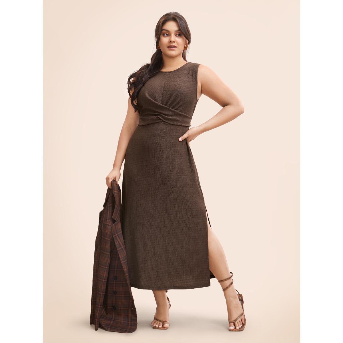 Plus Size Twist Front Split Hem Sleeveless Dress DarkBrown Women Casual Twist Round Neck Sleeveless Curvy BloomChic 14-16/1X Product Image