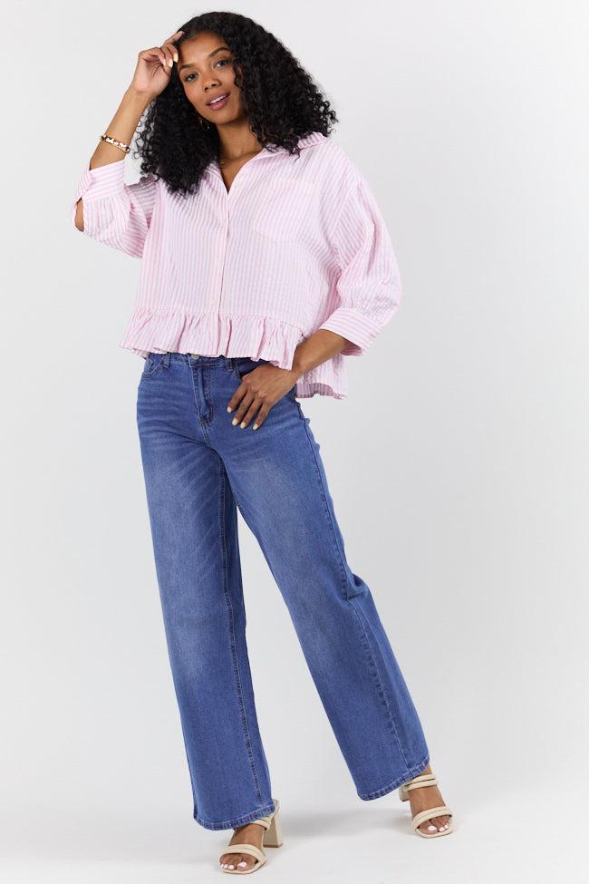 In Depth Pink Ruffle Hem Textured Stripe Button Down Top FINAL SALE Product Image