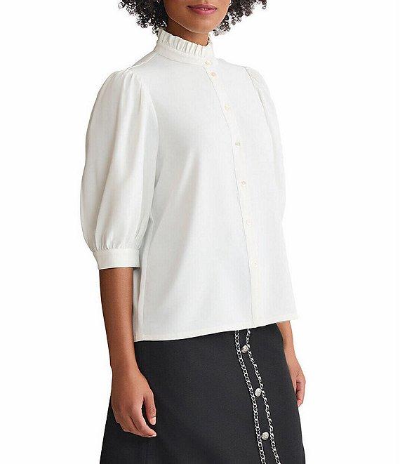 Ming Wang Crepe De Chine Ruffle Neck Elbow Sleeve Button Front Blouse Product Image