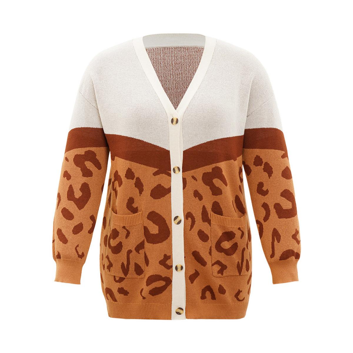 Plus Size Leopard Print Contrast Button Down Patched Pocket Cardigan Chocolate Women Casual Loose Long Sleeve Dailywear Cardigans BloomChic 22-24/3X Product Image