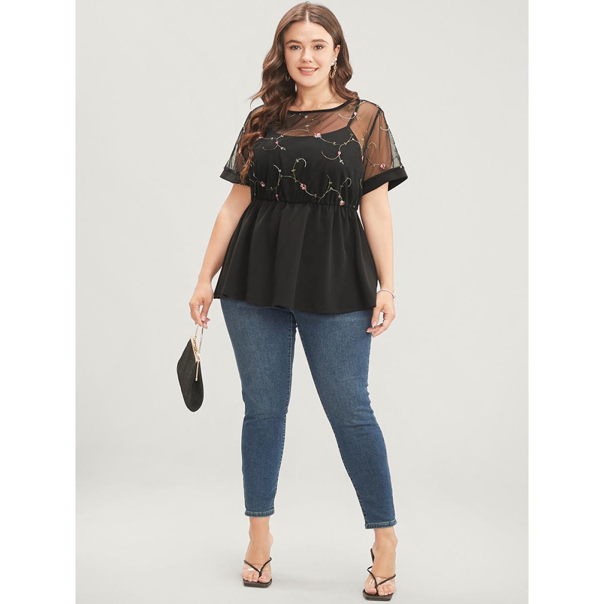 Plus Size Black Floral Embroidered Mesh Patchwork Ruffles Blouse Women Glamour Short sleeve Round Neck Party Blouses BloomChic 26/4X Product Image