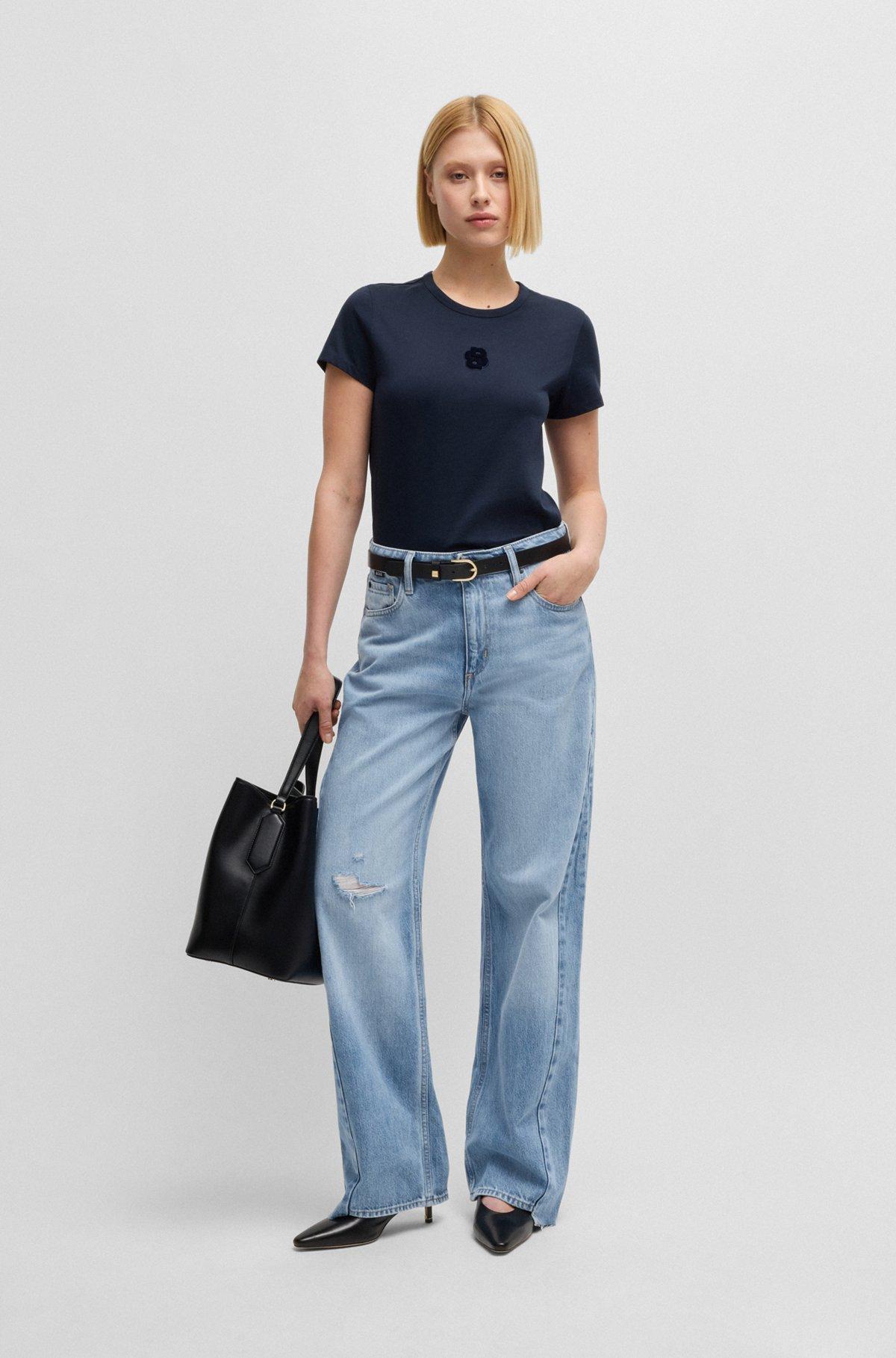 Wide-leg jeans in blue denim with stepped hem Product Image