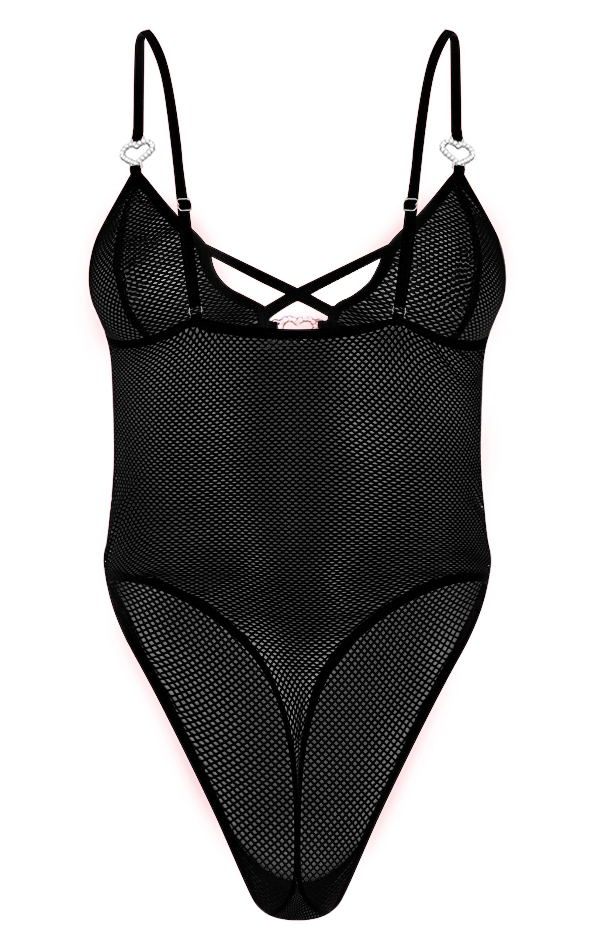 Black Fishnet Diamante Heart Lingerie Bodysuit Product Image