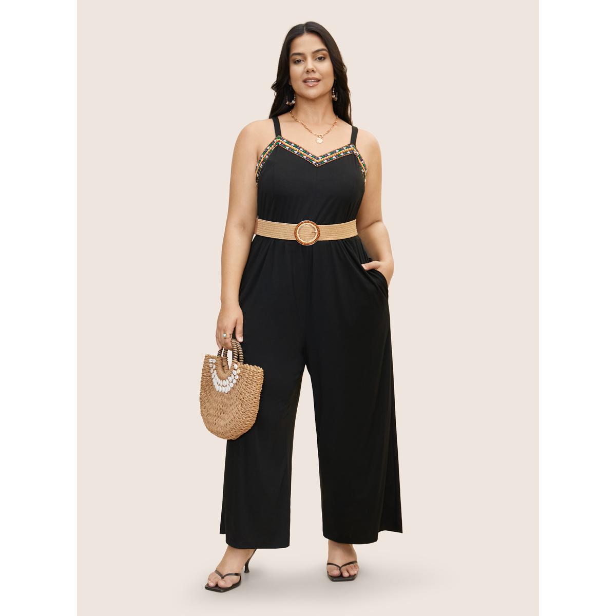 Plus Size Black V Neck Woven Ribbon Pocket Jumpsuit Women Resort Sleeveless V-neck Vacation Loose Jumpsuits BloomChic 18-20/2X Product Image