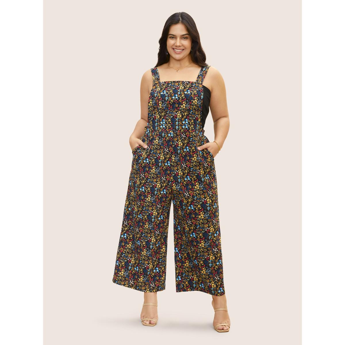 Plus Size Black Square Neck Ditsy Floral Elastic Waist Jumpsuit Women Elegant Sleeveless Square Neck Everyday Loose Jumpsuits BloomChic 22-24/3X Product Image