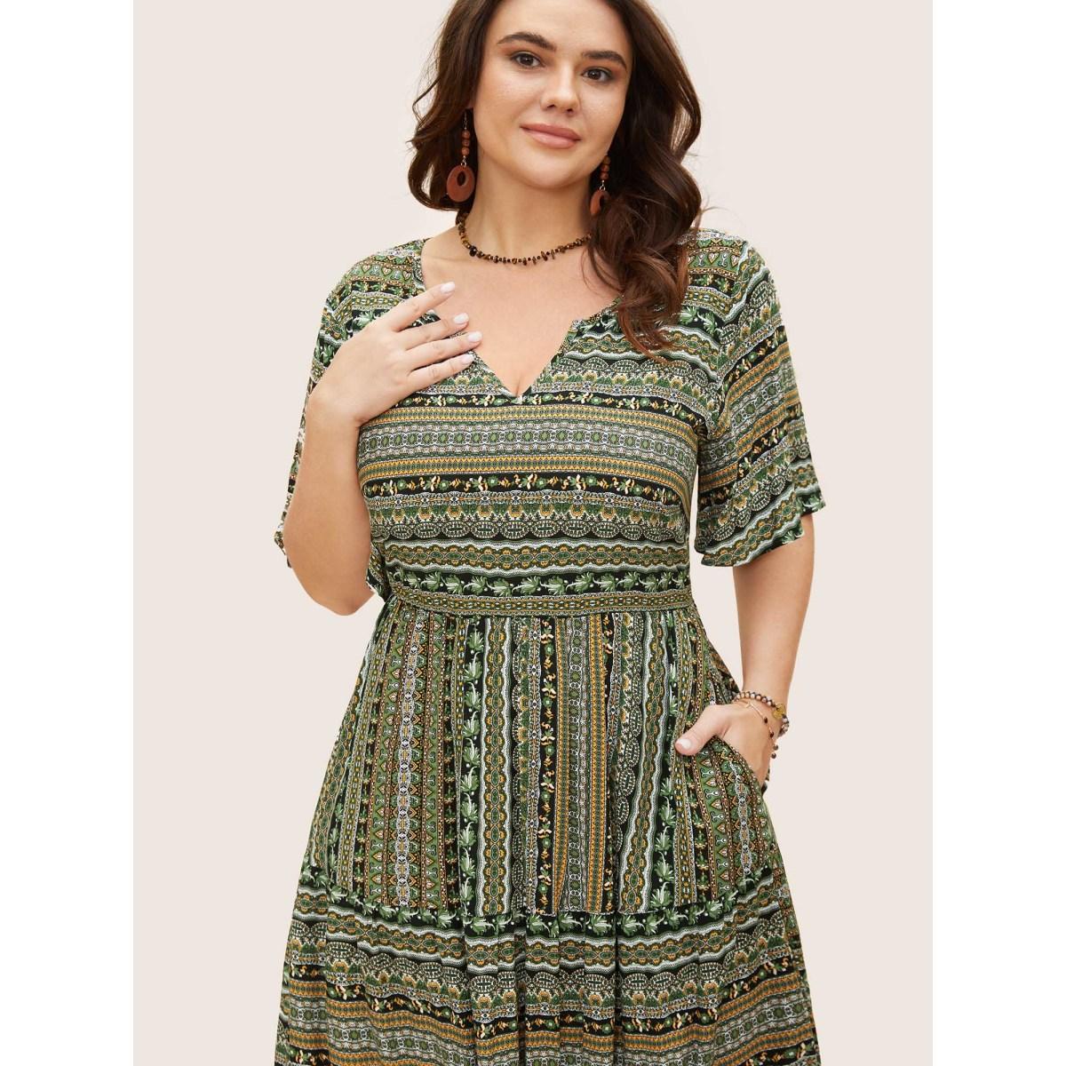 Plus Size Rayon Bandana Print Ruffle Layered Hem Dress Black Women Resort Ruffles Notched collar Short sleeve Curvy BloomChic 18-20/2X Product Image