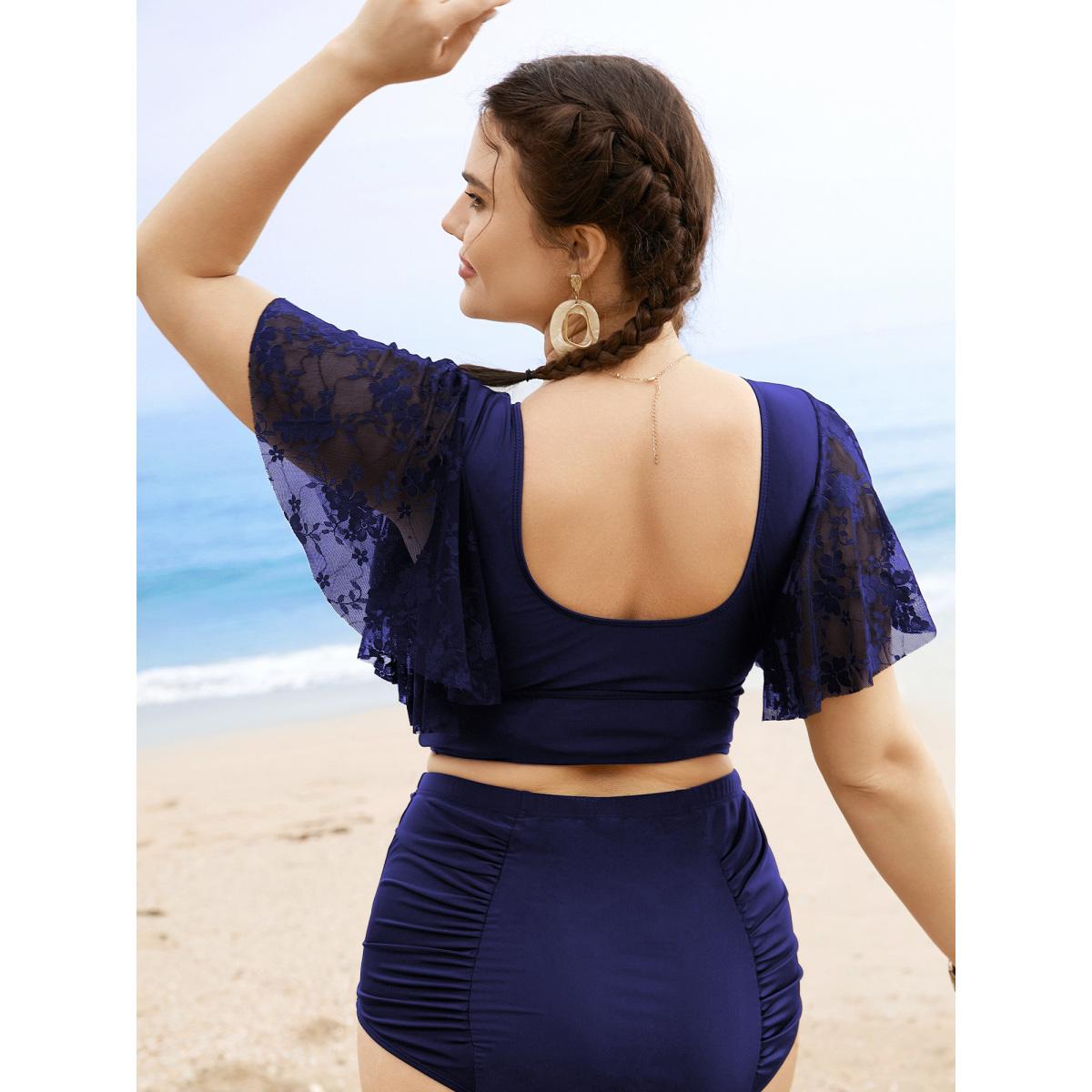 Plus Size U Neck Crochet Lace Mesh Swim Top Women's Swimwear Deeppurplered Resort Texture High stretch Skinny U-neck Curve Swim Tops BloomChic 10/M Product Image