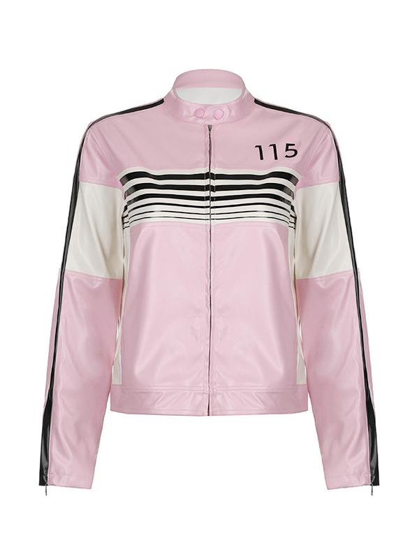 Striped Contrast Color Splice Leather Jacket Product Image