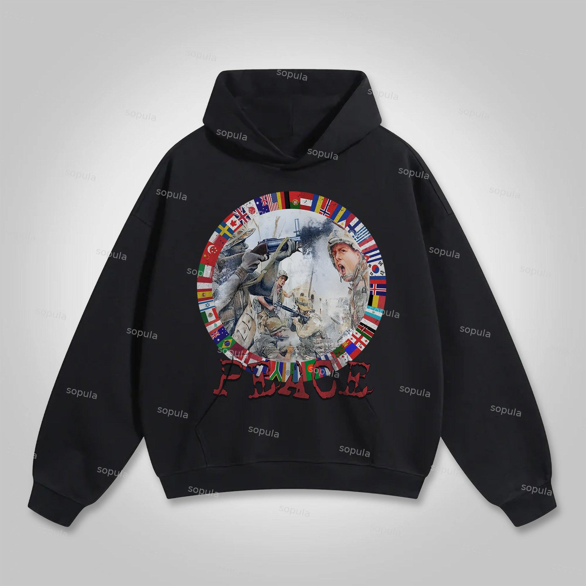 Fashion Peace In War Print Graphic Loose Hoodie Product Image