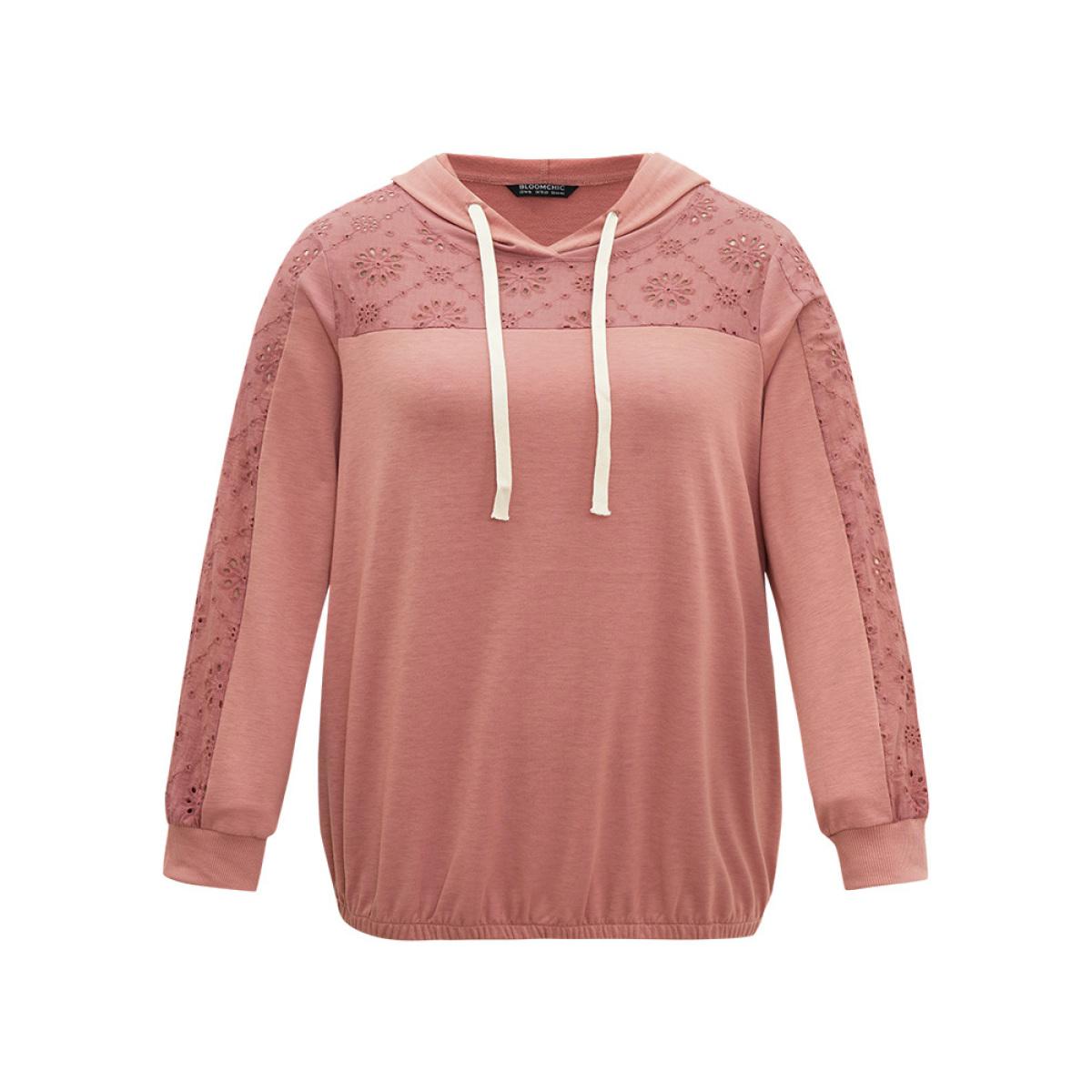 Plus Size Solid Hooded Drawstring Broderie Anglaise Sweatshirt Women Rouge Casual Elastic cuffs Hooded Dailywear Sweatshirts BloomChic 28/5X Product Image