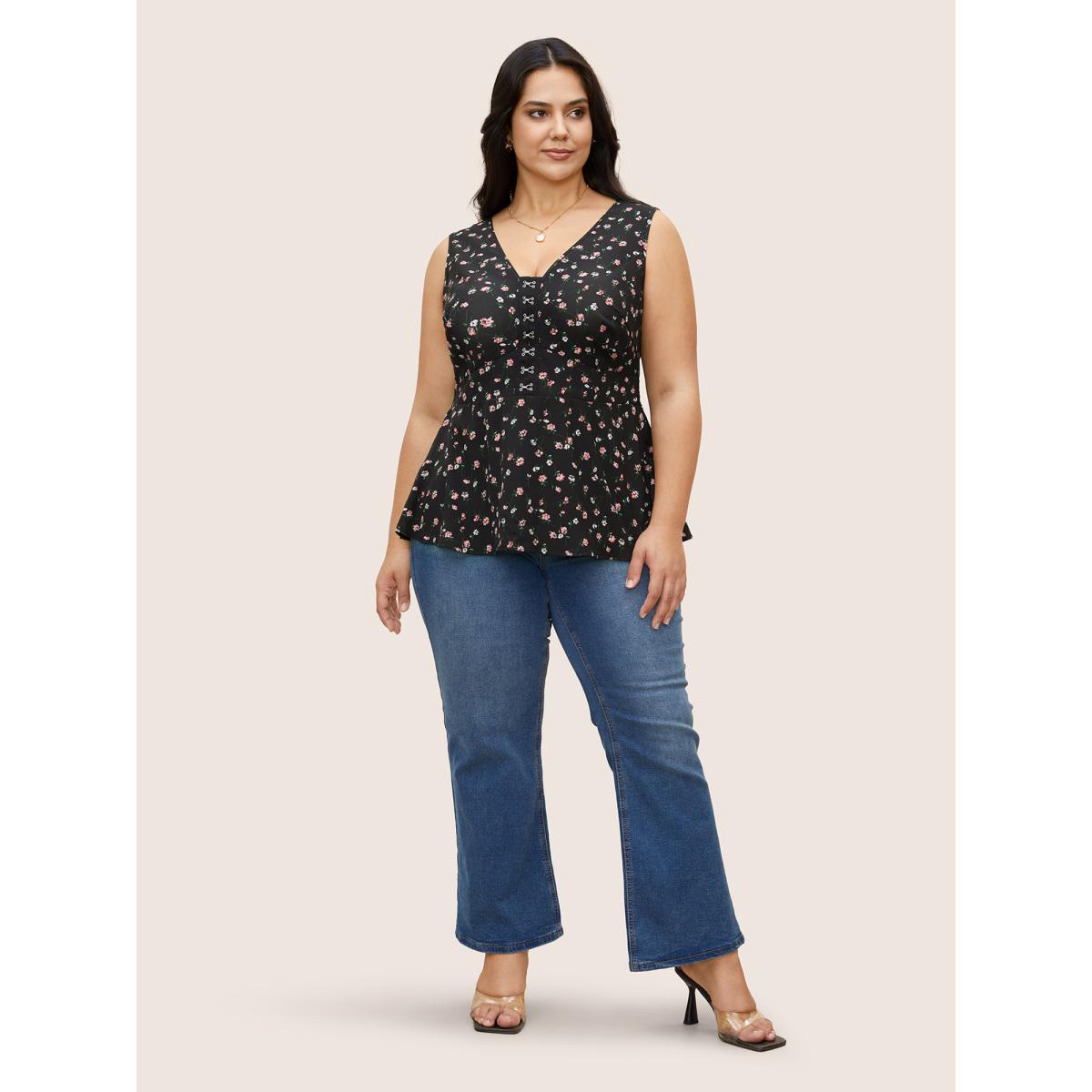 Plus Size V Neck Ditsy Floral Buckle Detail Tank Top Women Black Elegant Gathered V-neck Everyday Tank Tops Camis BloomChic 28/5X Product Image