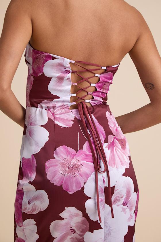 Oriana Burgundy Floral Satin Strapless Midi Dress Product Image