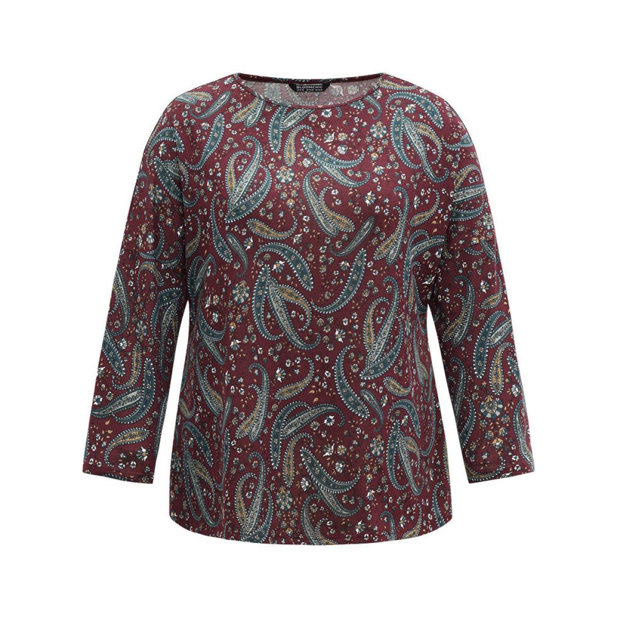Plus Size Paisley Print Round Neck Slightly Stretchy T-shirt Burgundy Women Elegant Printed Paisley Round Neck Dailywear T-shirts BloomChic 18-20/2X Product Image