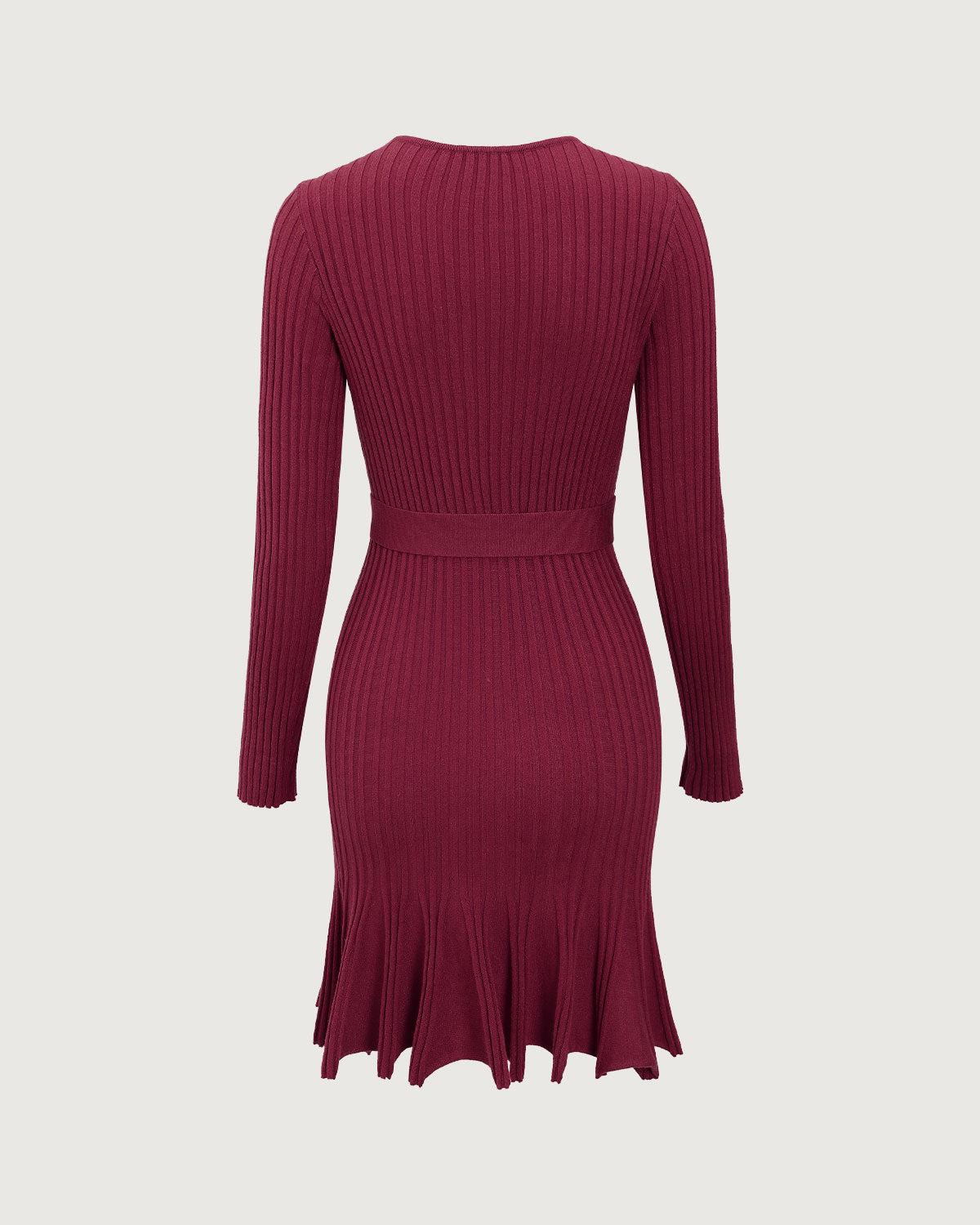 Wine Red Wrap Sweater Mini Dress Product Image