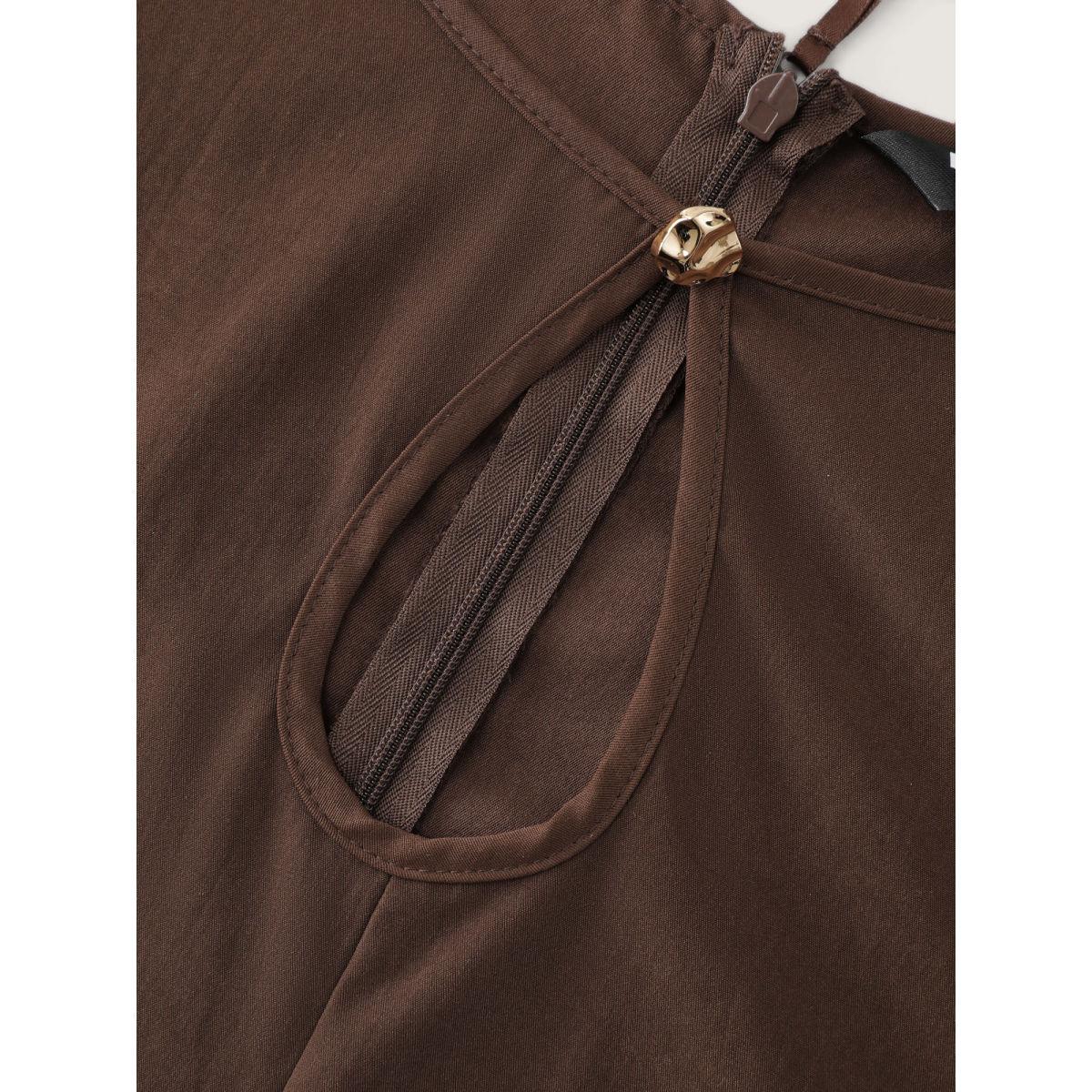 Plus Size Round Neck Cut Out Solid Midi Dress Browncoffeecolor Women Office Round Neck Extra Long Sleeve Curvy BloomChic 30/6X Product Image