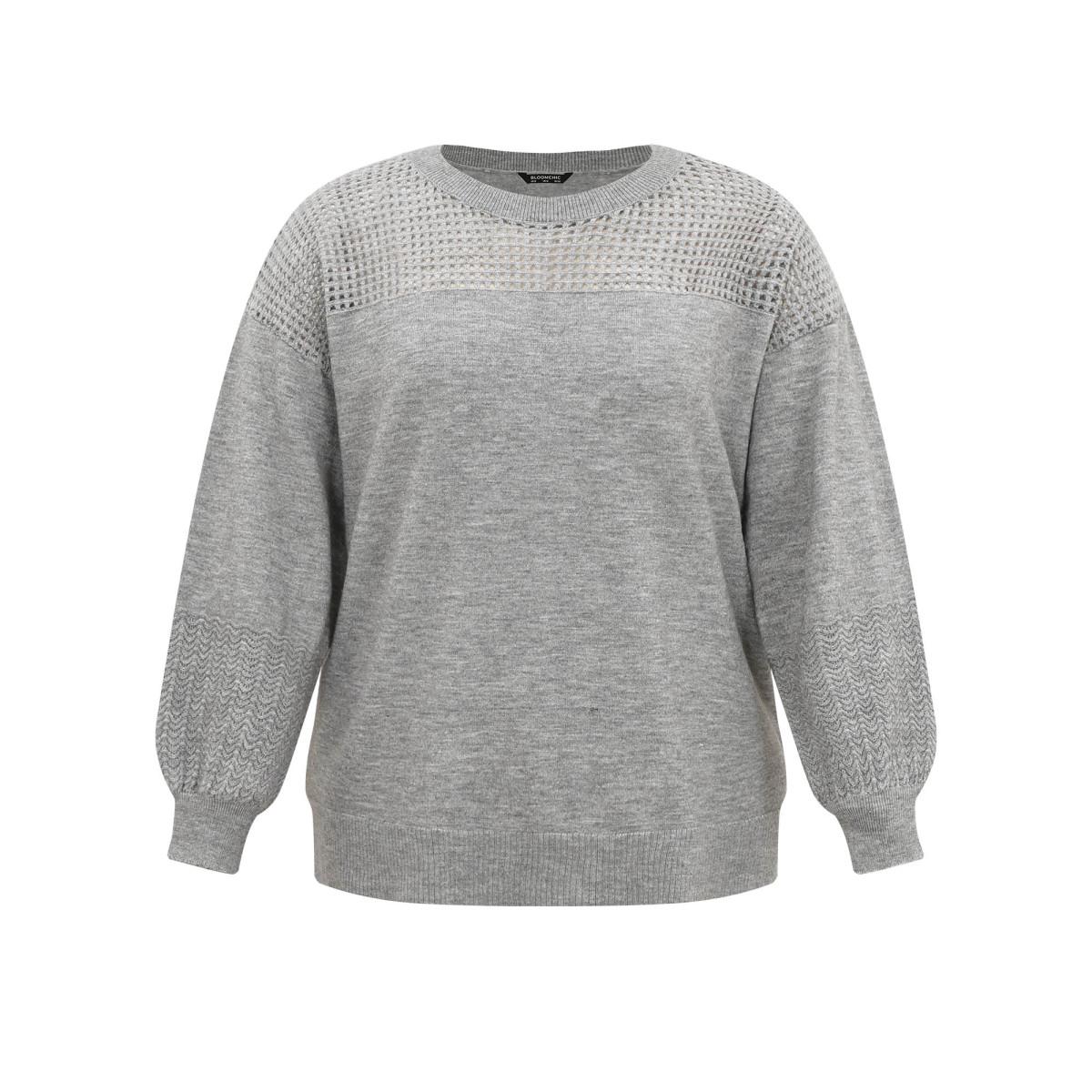 Plus Size Supersoft Essentials Plain Hollow Out Puff Sleeve Pullover Gray Women Casual Loose Long Sleeve Round Neck Dailywear Pullovers BloomChic 12/L Product Image