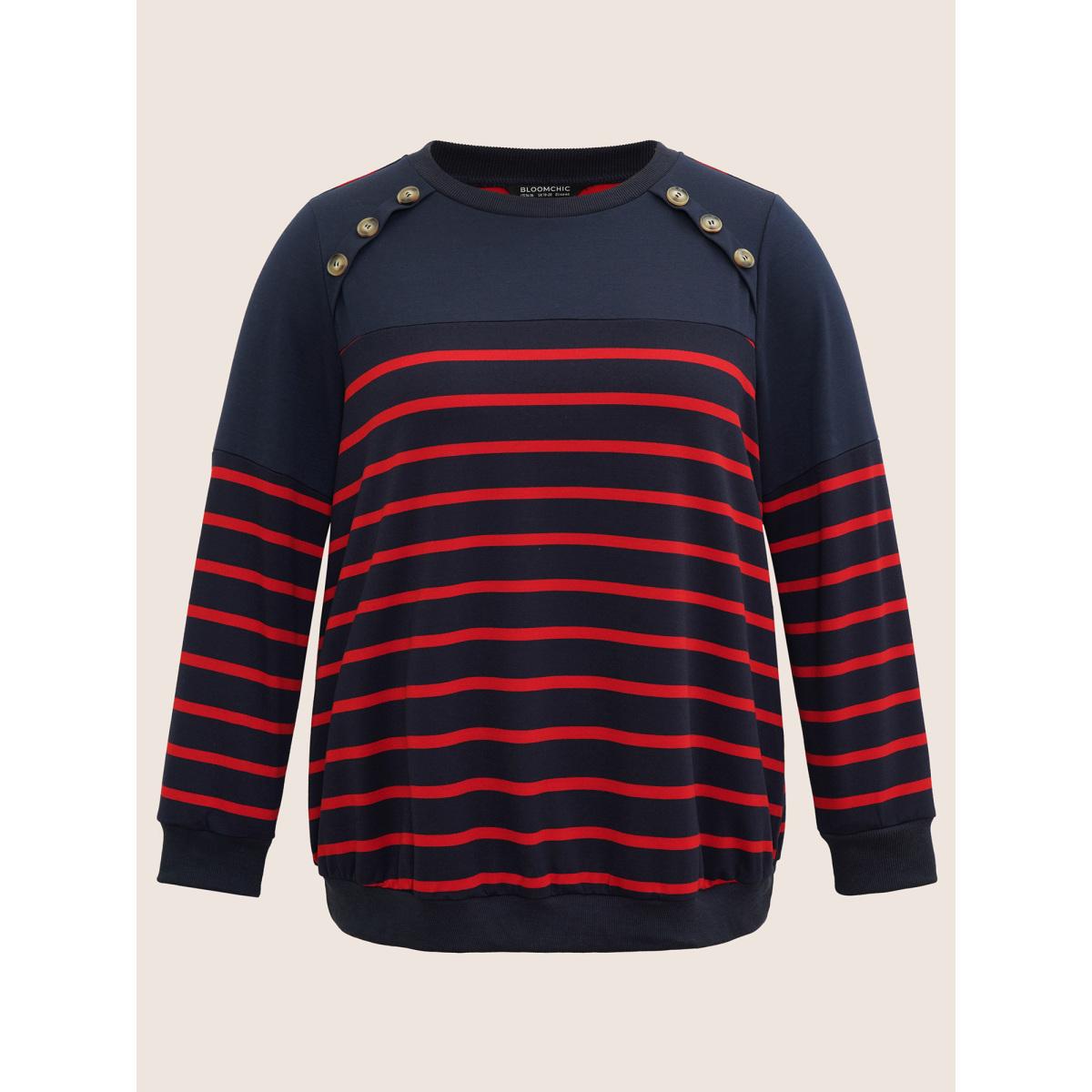 Plus Size Striped Patchwork Button Detail Sweatshirt Women Midnight Leisure Non Round Neck Casual Sweatshirts BloomChic 10/M Product Image