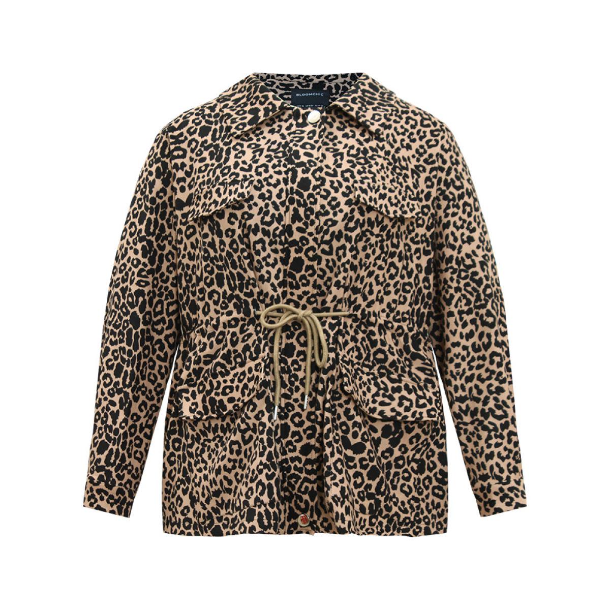 Plus Size Leopard Zipper Drawstring Knot Pocket Jacket Women LightBrown Contrast Pocket Dailywear Jackets BloomChic 22-24/3X Product Image