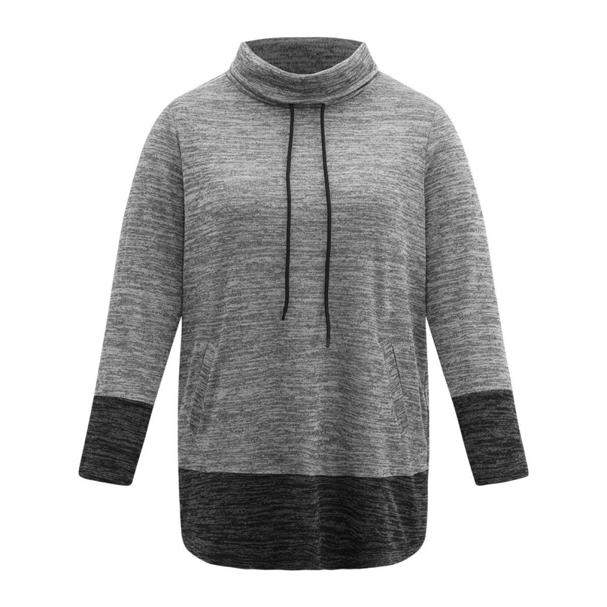 Plus Size Contrast Turtleneck Pocket Drawstring Sweatshirt Women DimGray Casual Contrast Turtleneck Dailywear Sweatshirts BloomChic 18-20/2X Product Image