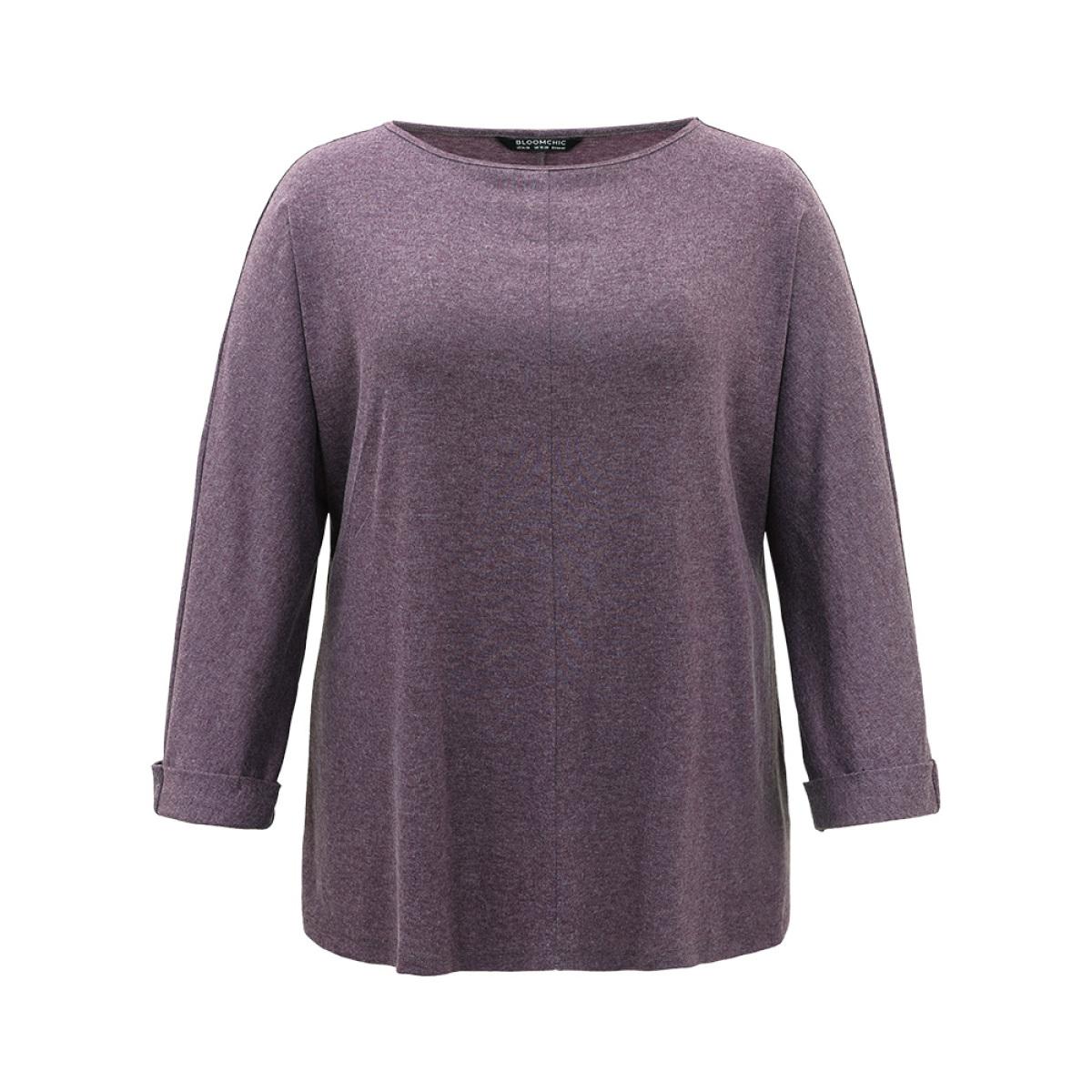Plus Size Solid Heather Round Neck Roll Dolman Sleeve T-shirt Mauve Women Casual Plain Plain Round Neck Dailywear T-shirts BloomChic 26/4X Product Image
