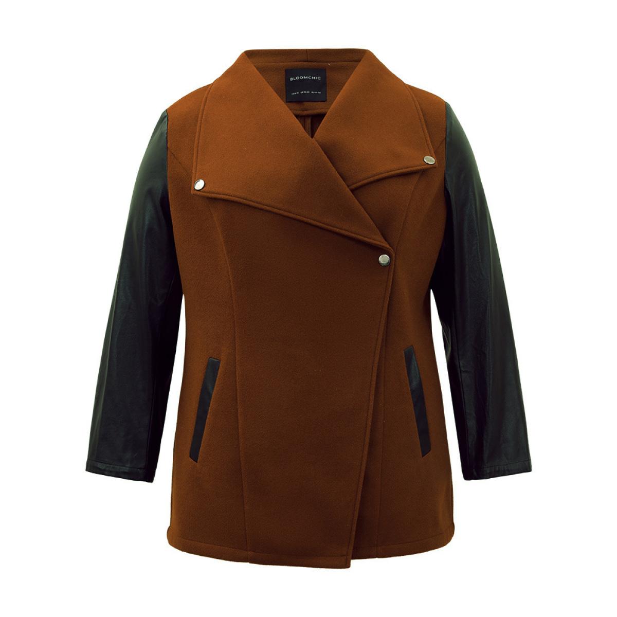 Plus Size Contrast PU Leather Lapel Collar Pocket Button Up Coat Women Tan Casual Contrast Ladies Dailywear Winter Coats BloomChic 26/4X Product Image