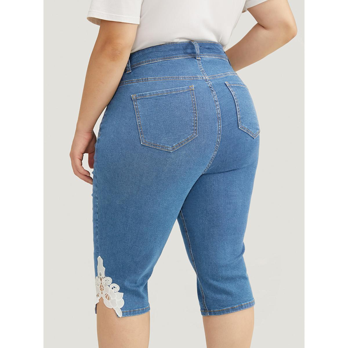 Plus Size Very Stretchy High Rise Medium Wash Guipure Lace Knee Denim Shorts Women LightBlue High stretch Everyday Patch pocket Casual Denim Shorts BloomChic 12/L Product Image