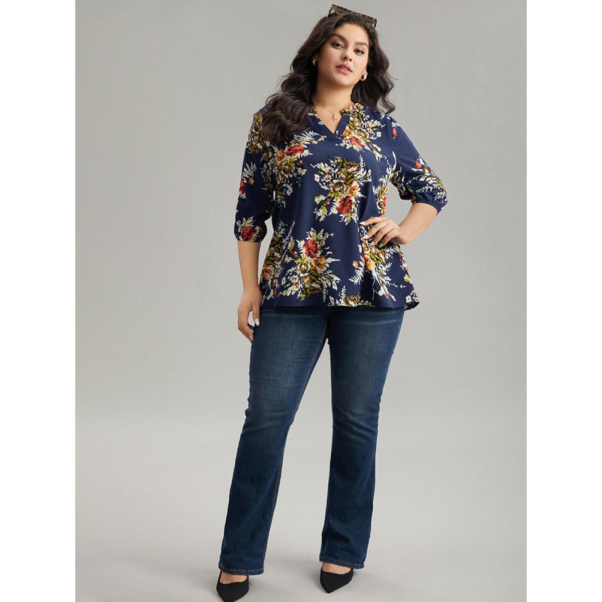 Plus Size Indigo Floral Print Notched Elastic Cuffs Blouse Women Elegant Elbow-length sleeve V-neck Dailywear Blouses BloomChic 30/6X Product Image