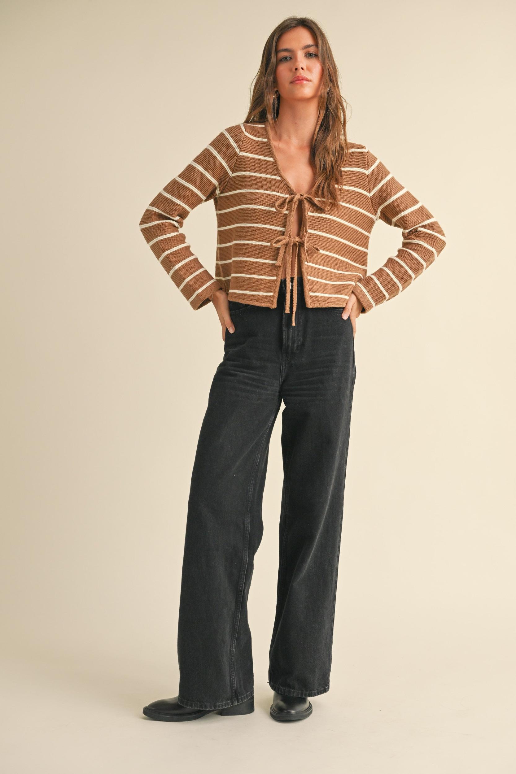 Striped Tie Front Knit Cardigan Product Image