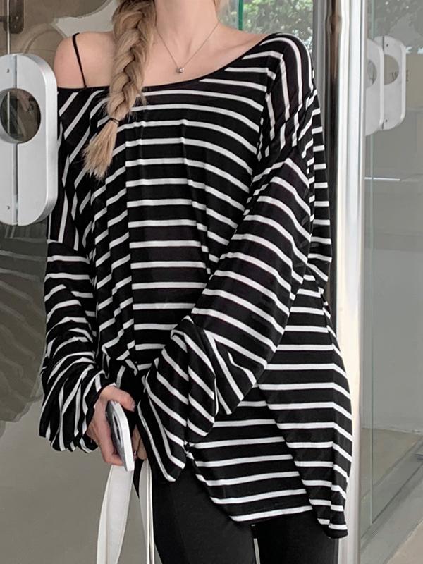 Stripe Backless Lace Up Smock Oversized Long Sleeve Tee Product Image