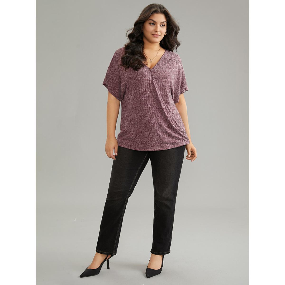 Plus Size Plisse Surplice Neck Batwing Sleeve T-shirt Burgundy Women Elegant Texture Plain Overlap Collar Dailywear T-shirts BloomChic 22-24/3X Product Image