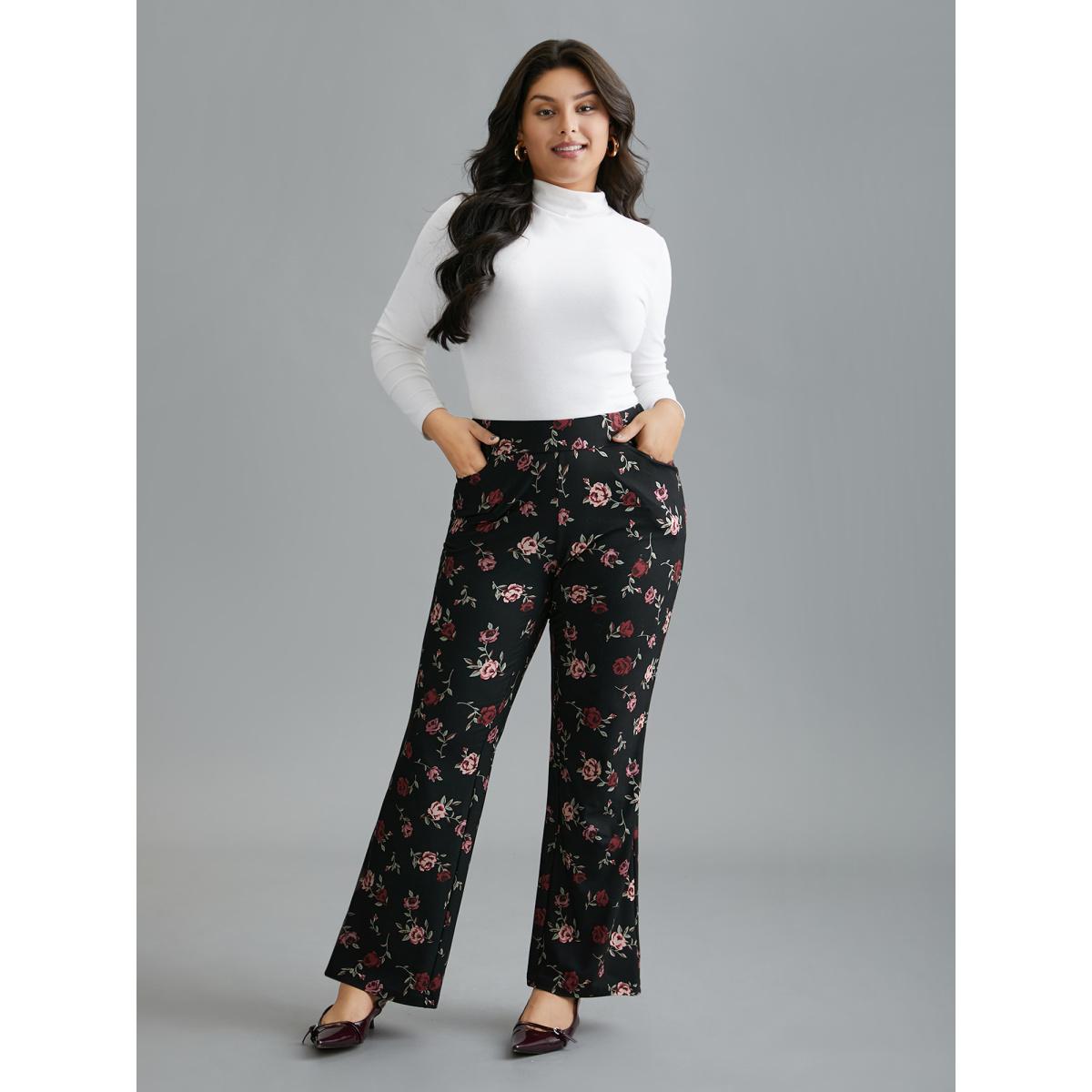 Plus Size Floral Mid-Rise Bootcut Pants Women BlackFlower Elegant High stretch Bootcut Mid Rise Everyday Leggings BloomChic 10/M Product Image