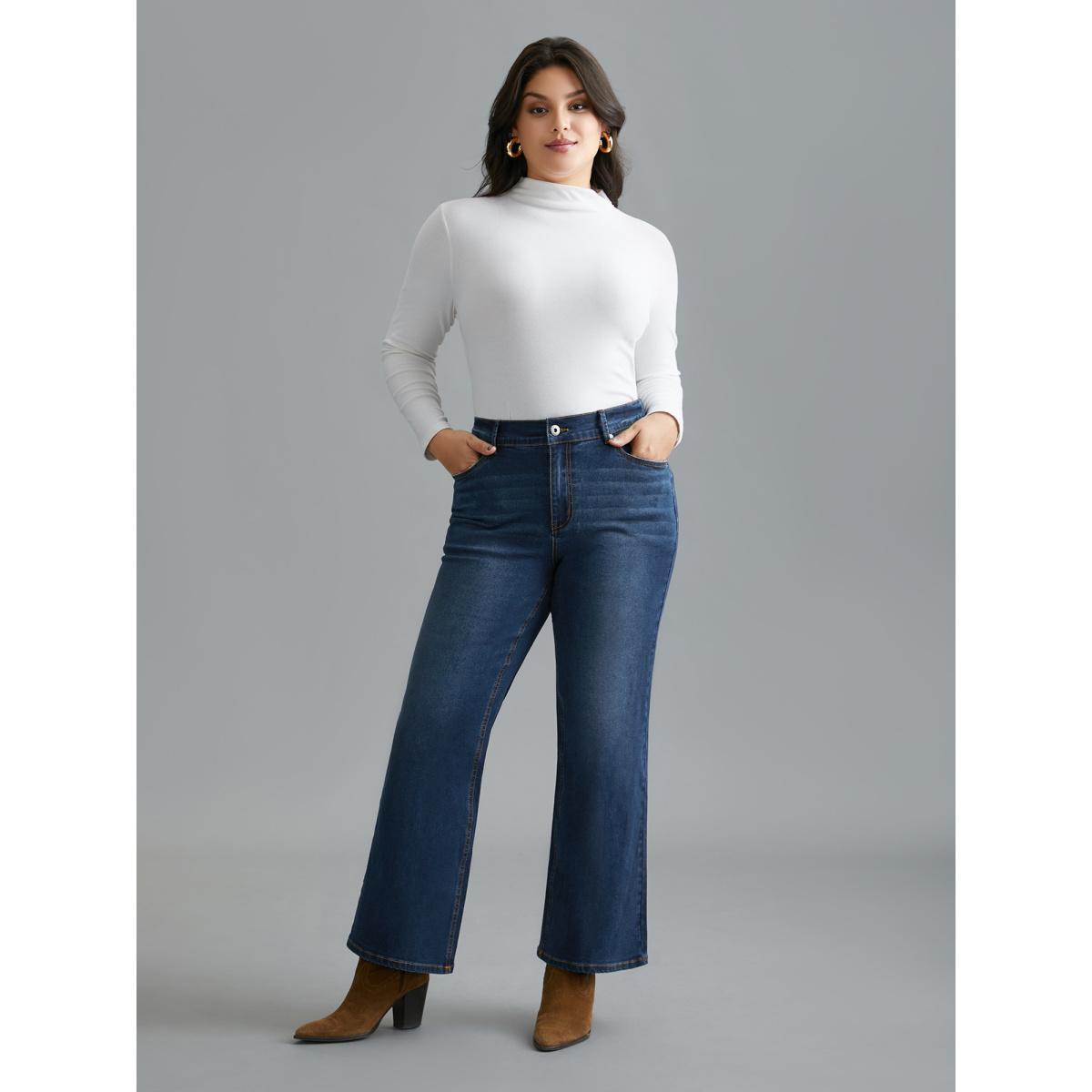 Plus Size Dark Wash Elastic Waist Flared Mid Rise Jeans Women Denimindigo Casual Button Medium stretch Slanted pocket Jeans BloomChic 20/2X Product Image